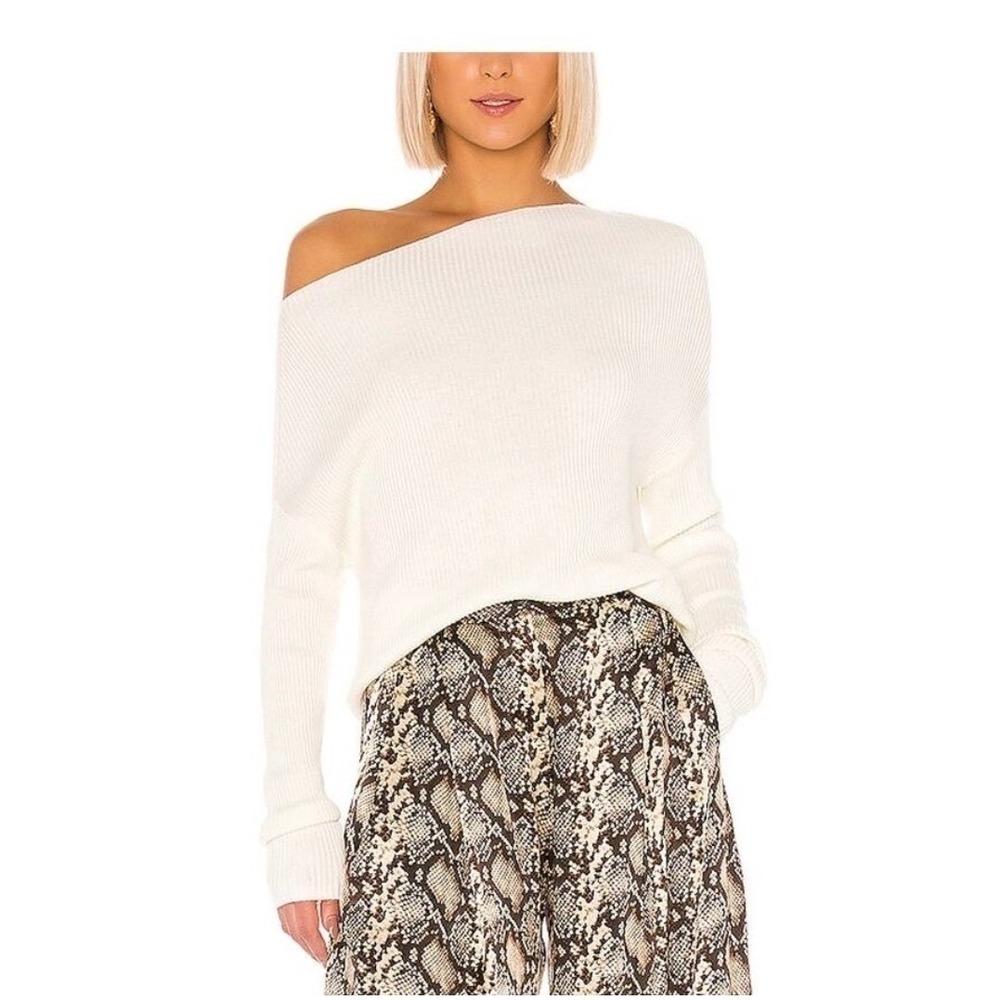 LPA Costa Cream Ribbed Wool Blend Off Shoulder Boatneck Sweater XXS Ivory White